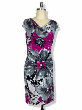 Ronni Nicole Floral Cowl Neck Sheath Dress in Fuchsia & Gray